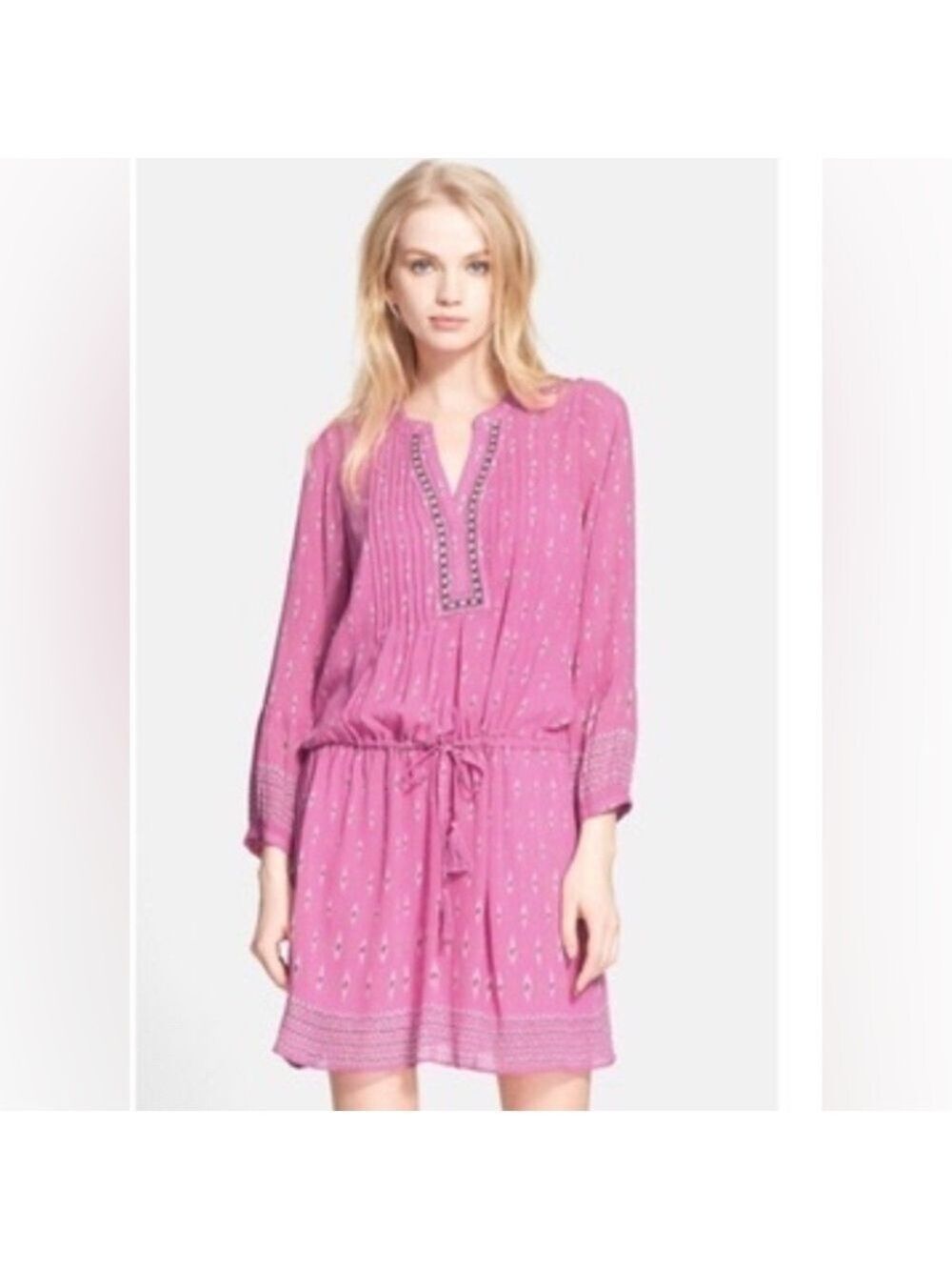 Joie Suerte Drawstring‎ Waist Printed Boho Silk Dress SZ S Pink
